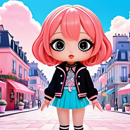 Home 15 **
"Teenieping" character in a vibrant 2D style with large, expressive eyes in a "chibi" style, surrounded by pastel-colored accessories and K-Pop inspired fashion. The backdrop is a modern Parisian cityscape rendered in detailed 3D, showcasing a successful blend of 2D and 3D animation techniques. The overall aesthetic should emphasize "kawaii" and cuteness, incorporating bright, joyful colors and subtle lighting effects.
**