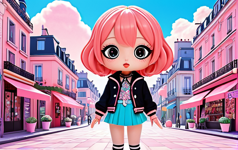 **
"Teenieping" character in a vibrant 2D style with large, expressive eyes in a "chibi" style, surrounded by pastel-colored accessories and K-Pop inspired fashion. The backdrop is a modern Parisian cityscape rendered in detailed 3D, showcasing a successful blend of 2D and 3D animation techniques. The overall aesthetic should emphasize "kawaii" and cuteness, incorporating bright, joyful colors and subtle lighting effects.
**