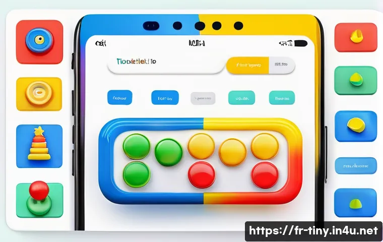 티니핑 관련 모바일 앱 소개 - A vibrant, colorful digital illustration of a toddler-friendly app interface featuring simple, round...