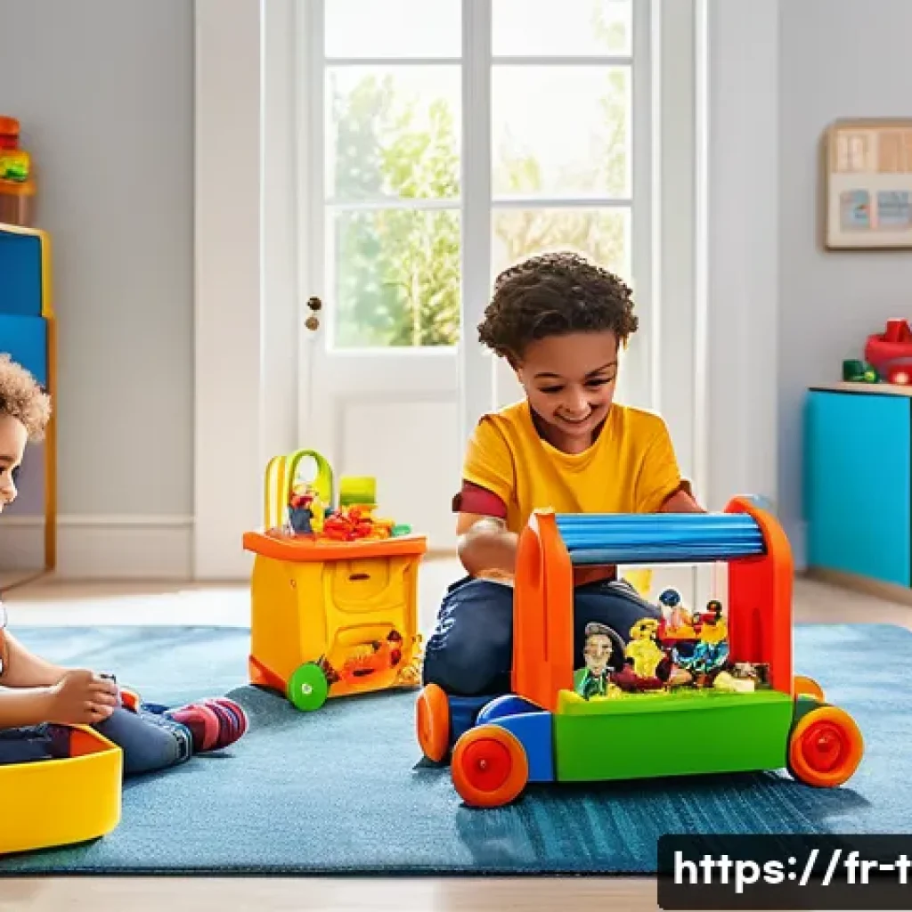 티니핑 애니메이션 완구 연계 - A vibrant playroom scene featuring diverse children aged 3 to 10 joyfully playing with colorful mini...