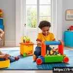 티니핑 애니메이션 완구 연계 - A vibrant playroom scene featuring diverse children aged 3 to 10 joyfully playing with colorful mini...