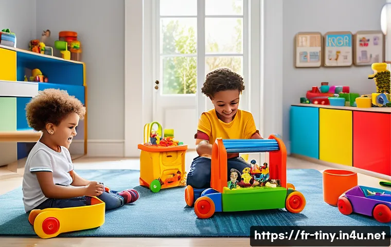 티니핑 애니메이션 완구 연계 - A vibrant playroom scene featuring diverse children aged 3 to 10 joyfully playing with colorful mini...