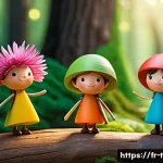 티니핑 각 캐릭터별 대표 행동 - A group of colorful TinyPings characters joyfully collaborating in a sunlit forest clearing, each Ti...