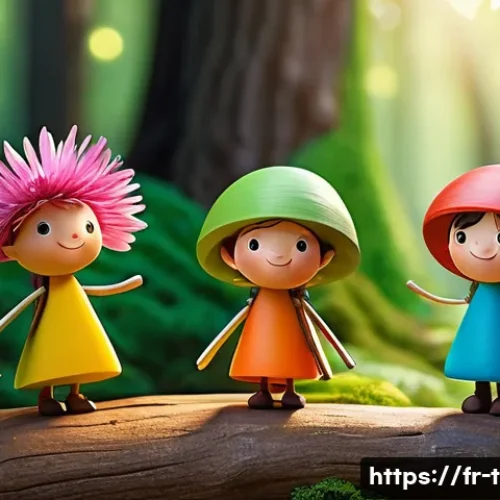 티니핑 각 캐릭터별 대표 행동 - A group of colorful TinyPings characters joyfully collaborating in a sunlit forest clearing, each Ti...