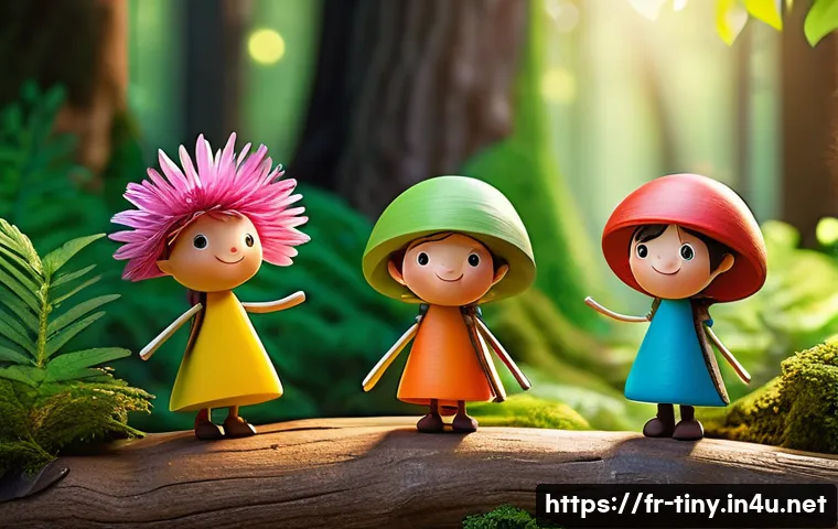 티니핑 각 캐릭터별 대표 행동 - A group of colorful TinyPings characters joyfully collaborating in a sunlit forest clearing, each Ti...