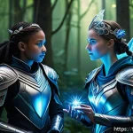 티니핑 크로스오버 팬픽 소개 - A vibrant crossover scene depicting a courageous hero from a fantasy realm meeting a futuristic tech...